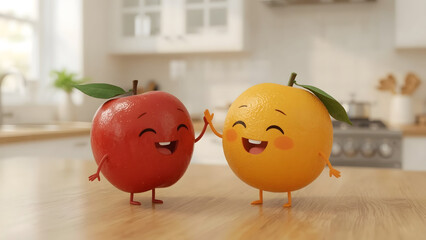 Two animated fruit characters, an apple and an orange, share a high-five in a friendly moment, representing the theme of joyful friendship. Captured in a bright and cheerful kitchen setting.