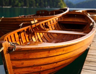 Wooden rowboat on a lake dock.  Closeup of  polished,  golden-brown wood.  Serene,  peaceful scene