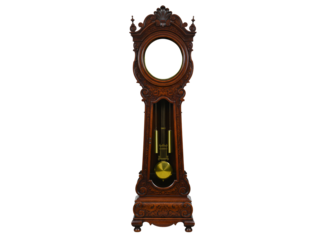 Antique grandfather clock with ornate wooden casing isolated on transparent background