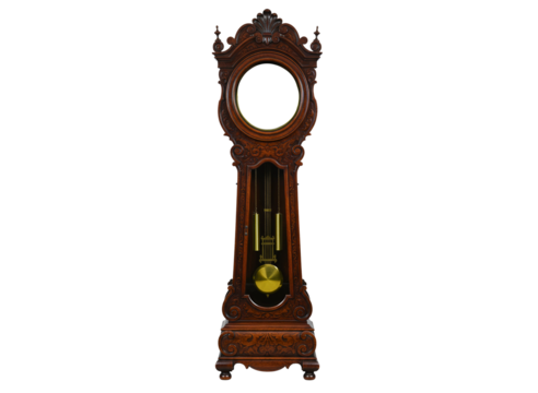 Antique grandfather clock with ornate wooden casing isolated on transparent background