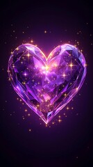A vibrant purple crystal heart shimmering with golden stars against a dark background with soft glow