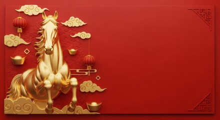 Golden Horse with Chinese New Year Elements on Red Background