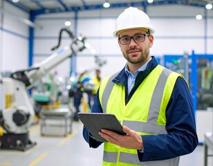 A factory supervisor with a tablet wearing a high-vis vest. A concept of modern manufacturing and quality control