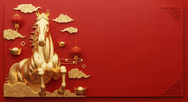 Golden Horse with Chinese New Year Elements on Red Background