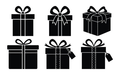 A set of six black gift boxes with ribbons and bows isolated on white background, perfect for any special occasion