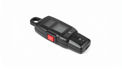 Black and silver electronic device with keychain, small screen, and red and gray buttons&mdash;evoking compact functionality, signal control, and utilitarian design.