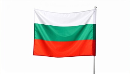 Fototapeta premium Bulgarian national flag with horizontal stripes—white atop green and red—fluttering from a flagpole, symbolizing unity, heritage, and vibrant national identity.