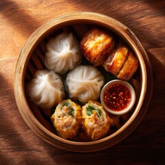 Assorted dim sum in a bamboo steamer basket.