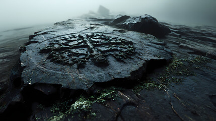 Eroded sigil carved into obsidian plain, macro shot, green-gray fog sweep, branding material for conceptual use. Illustration