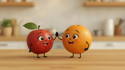 Whimsical animated apple and orange characters high-fiving, filled with delight in a kitchen setting.