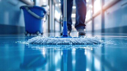 A person mopping a shiny blue floor with a white mop and a blue bucket in the background of a hallway