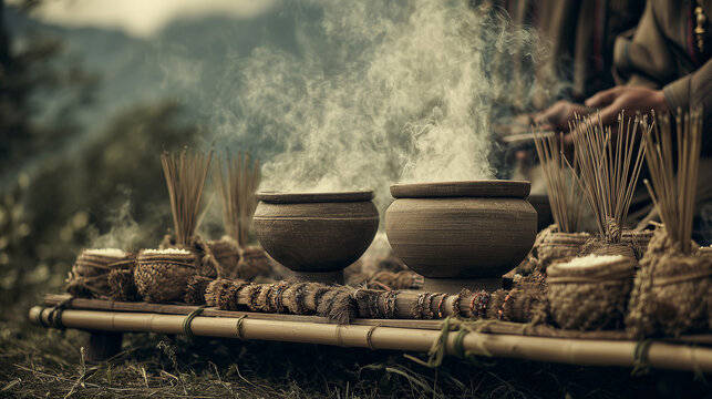 Thai Tribal Harvest Ritual, realistic photography style of Lahu people offering rice to forest spirits, handmade altars, bamboo baskets, incense smoke, peaceful mountain background