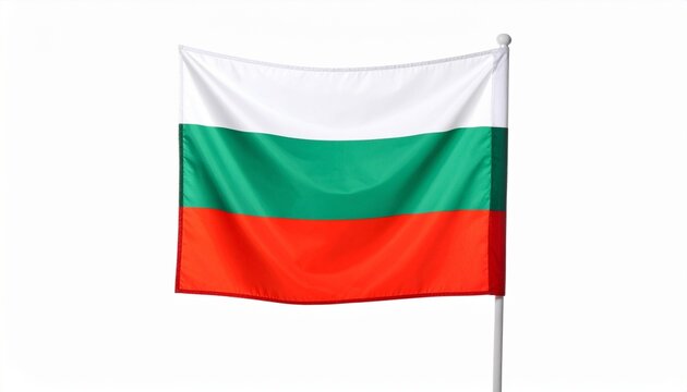 Bulgarian national flag with horizontal stripes—white atop green and red—fluttering from a flagpole, symbolizing unity, heritage, and vibrant national identity.