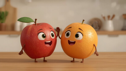 A heartwarming scene presents two animated fruit characters—an apple and an orange—sharing a friendly moment, conveying the spirit of friendship and togetherness.