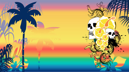 tropical hawaiian skull tattoo background banner illustration in vector art