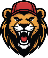 Naklejka premium A fierce lion wearing a baseball cap and showing its teeth Transparent png vector