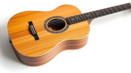 Fototapeta premium Acoustic guitar isolated on white background, highlighting detailed wood texture and musical craftsmanship.