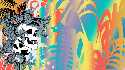 tropical hawaiian skull tattoo background banner illustration in vector art