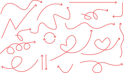 Hand-Drawn Arrow Line Icons – Red Silhouettes of Curved, Zigzag, Loop, and Heart-Shaped Movement Symbols for Directions, Flowcharts, and UI Emphasis