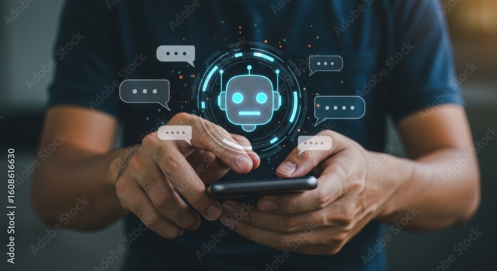Poster business person interacting with chatbot on smartphone. digital communication with robot face and sp