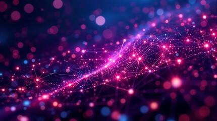 Abstract network of glowing pink and blue lights connecting in a complex web like structure design
