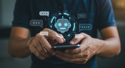 Business person interacting with chatbot on smartphone. Digital communication with robot face and speech bubbles. Modern AI conversation interface illustration.