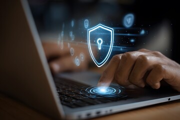 Protecting digital data with futuristic cybersecurity shield and glowing digital icons on laptop