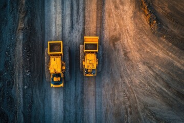 Aerial view of mining vehicles on a dirt road