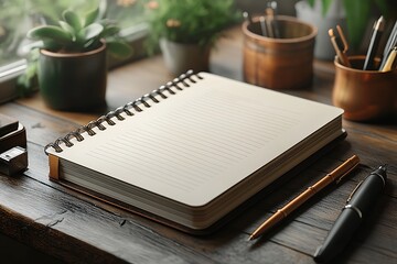Spiral notebook mockup on wooden desk with plants and pens in natural light

