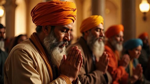 Sikh religious leader in vibrant orange turban praying inside Golden Temple with devotees softly blurred in background, 4k footage of faith.