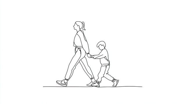 A continuous line drawing of a mother and child walking