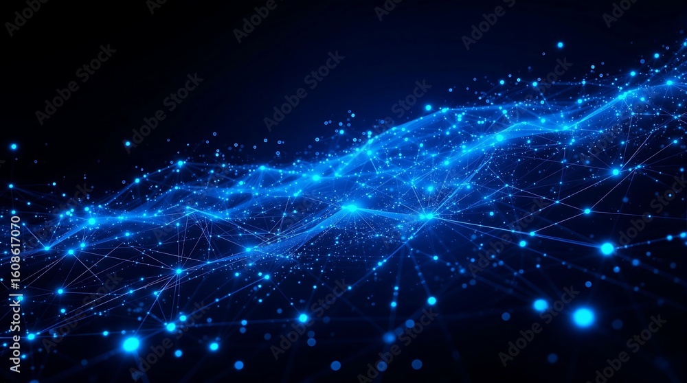 Poster a digital network with glowing blue nodes connected by lines on a dark background technology concept