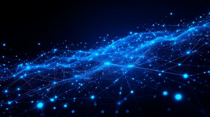 A digital network with glowing blue nodes connected by lines on a dark background technology concept