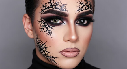 A mesmerizing portrait of a person with intricate, spiderweb-inspired silver and black makeup around the eyes and cheek. Ideal for Halloween, beauty, and creative art concepts