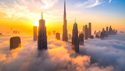 Cityscape sunrise, skyscrapers emerge from a sea of clouds