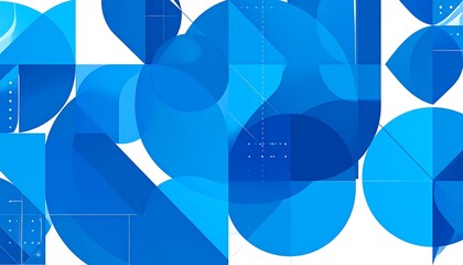 Abstract composition of overlapping translucent blue circles and geometric shapes on white background