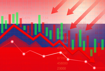 Russia Economy. Flag of Russia with Falling Financial Graph. Economic Crisis and Global Recession Concept. Vector Illustration.  