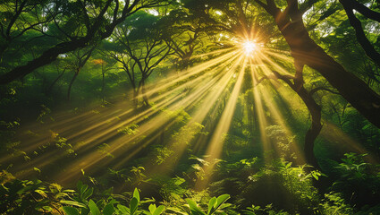 Obraz premium Sunlight forest trees nature landscape light green woods scenic park outdoor environment beautiful rays