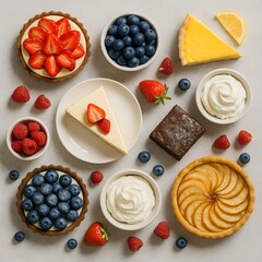 Flat Lay of Assorted Desserts and Fresh Fruits on Light Stone Background