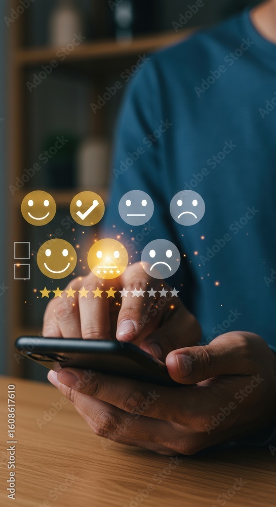 Poster smartphone user with emotion rating scale and highlighted happy face. customer feedback system with 