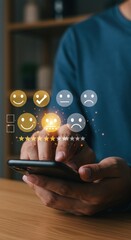 Smartphone user with emotion rating scale and highlighted happy face. Customer feedback system with five-star selection. Digital interaction with satisfaction evaluation.