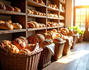 Wooden shelves filled with various loaves of bread in wicker baskets, sunlit bakery