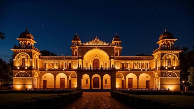 Stunning night view of Mysore City Palace with ornate facade glowing in warm lights, set against dark gardens and a starry sky, perfect for travel content.