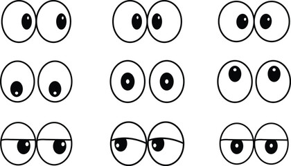 Cartoon Eye Expressions Icon Set – Nine Minimal Silhouette Pairs in Varying Gaze Directions and Emotional Cues.