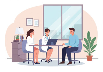 Family consulting with a doctor at clinic or hospital. Illustration