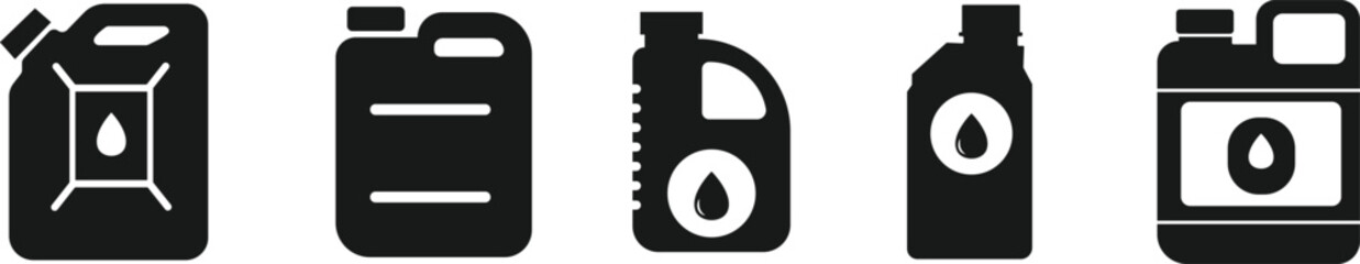 Oil and Fuel Container Icons – Minimal Silhouettes of Liquid Storage Canisters Featuring Droplet Symbol for Industrial, Automotive, and Energy Themes