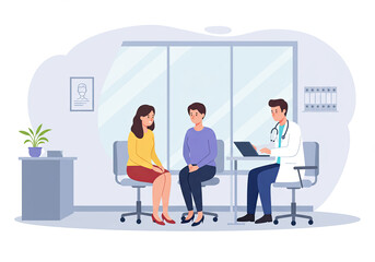Family consulting with a doctor at clinic or hospital. Illustration