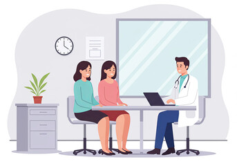 Family consulting with a doctor at clinic or hospital. Illustration