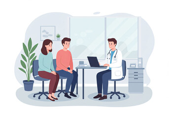 Family consulting with a doctor at clinic or hospital. Illustration