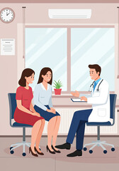 Family consulting with a doctor at clinic or hospital. Illustration